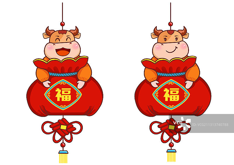 卡通中国风新年小牛福袋流苏吊坠插画图片素材