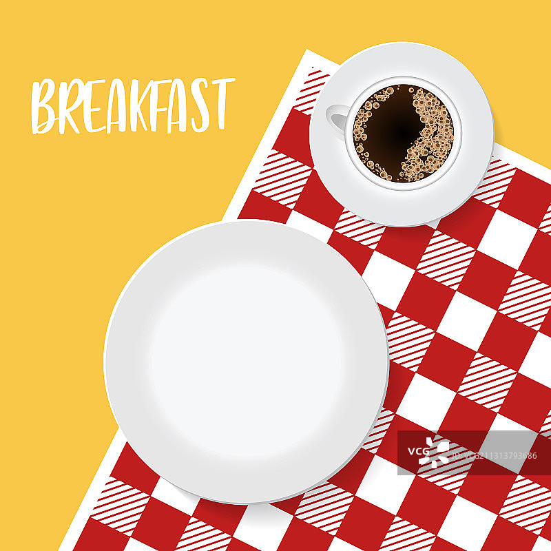 在红桌布或餐巾上放空盘子和咖啡图片素材