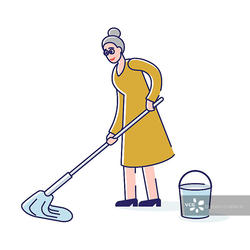 老妇人用拖把和水桶洗地板图片素材