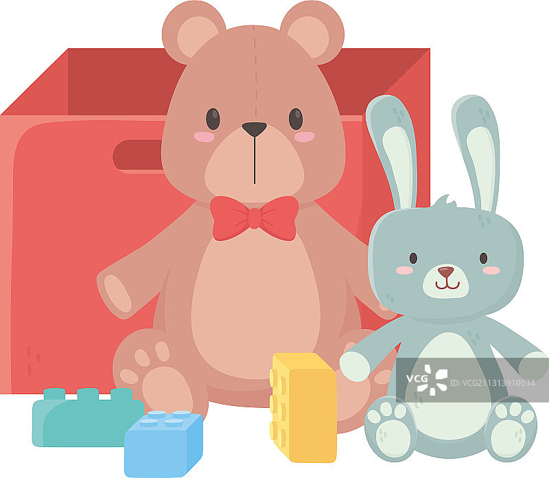 儿童玩具，泰迪熊，兔子，积木和盒子物体图片素材