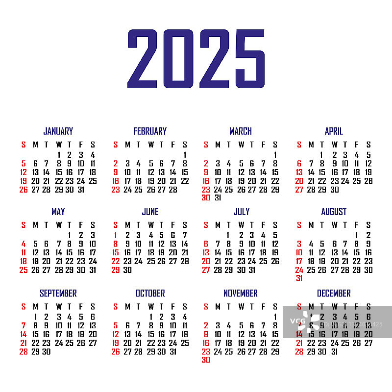 日历2025周开始周日简单图片素材