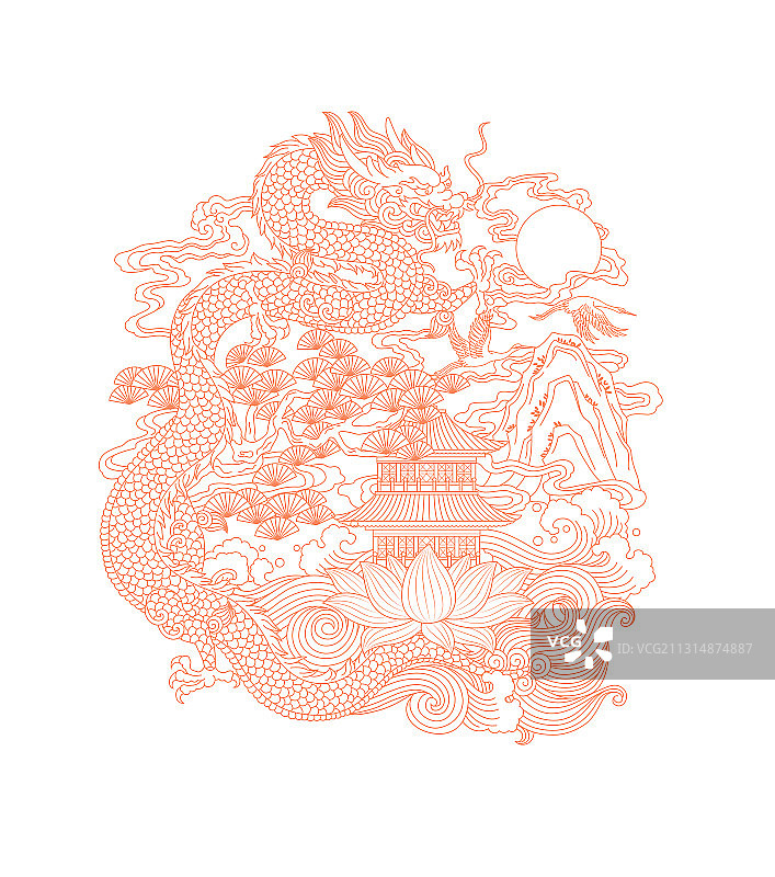 中国风龙纹山水线条插画图片素材
