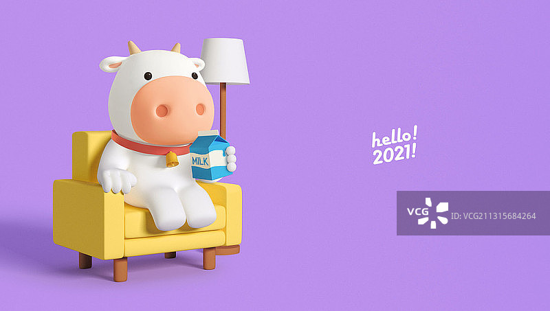 3D可爱的奶牛人物坐在黄色的沙发上喝牛奶图片素材