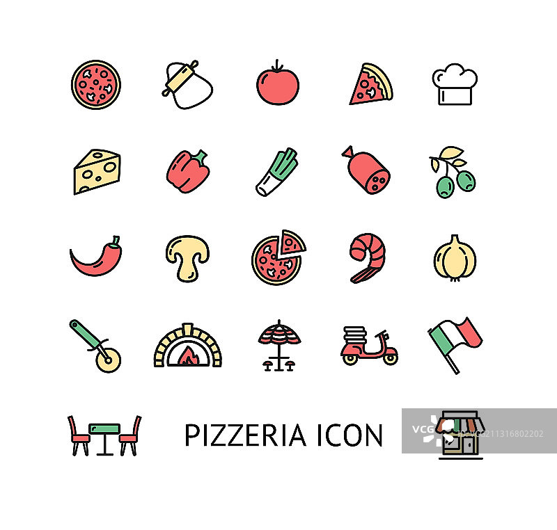 披萨标志颜色细线图标设置图片素材
