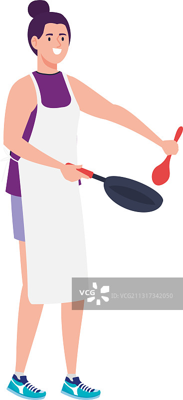 妇女做饭用围裙和平底锅和勺子图片素材