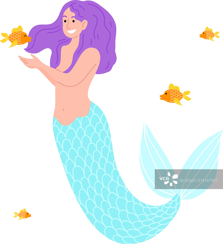 带着紫色头发微笑的美人鱼在海里游泳图片素材