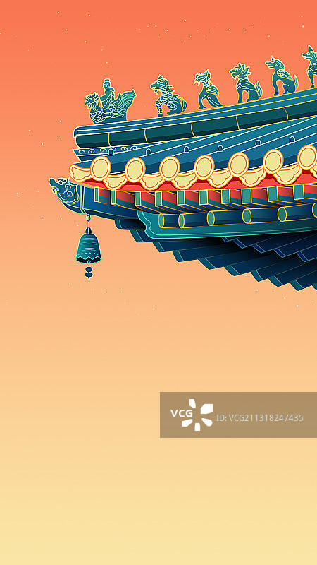 古建筑屋檐神兽雕刻中国风插画图片素材