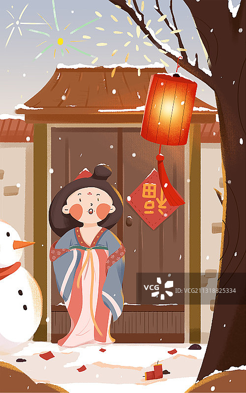 唐仕女插画|冬天下雪图片素材