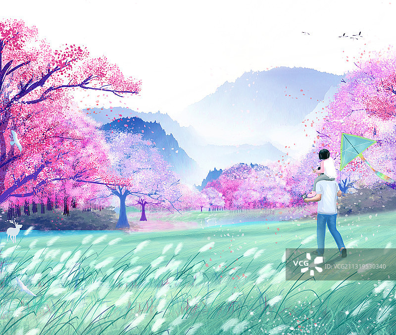 春天父亲和女儿在公园户外踏青放风筝插画图片素材