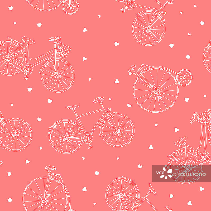 无缝图案与自行车在粉红色的背景图片素材