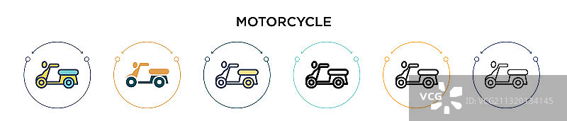 摩托车图标在填充细线和轮廓线图片素材