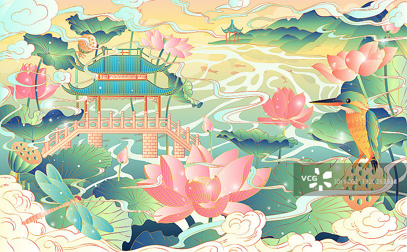 杭州西湖国潮风西湖十景系列风景插画曲院风荷图片素材
