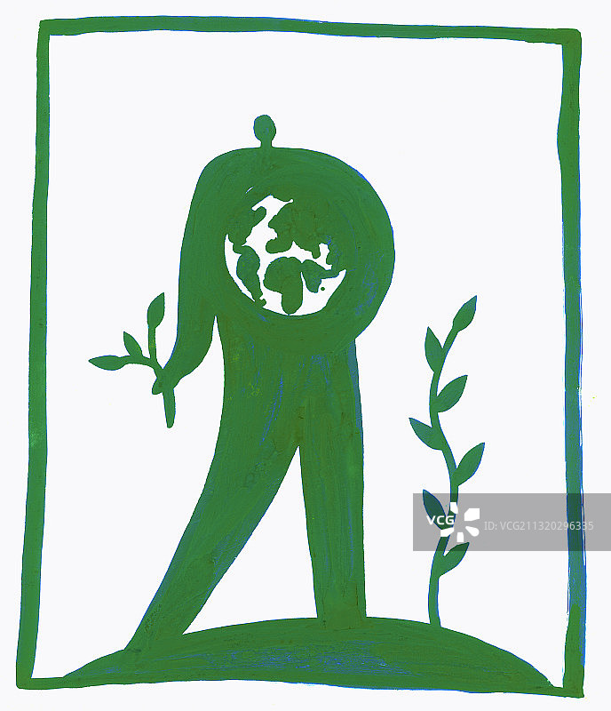 绿色的人捧着地球、地球和植物。插图。图片素材