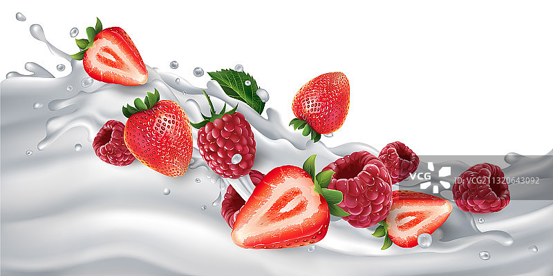 酸奶或牛奶上放草莓和覆盆子图片素材