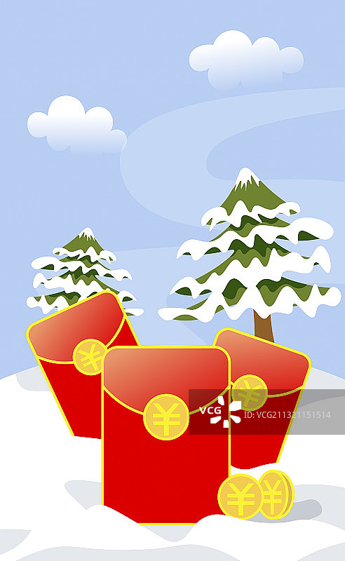 冬天雪地里的红包和圣诞树图片素材