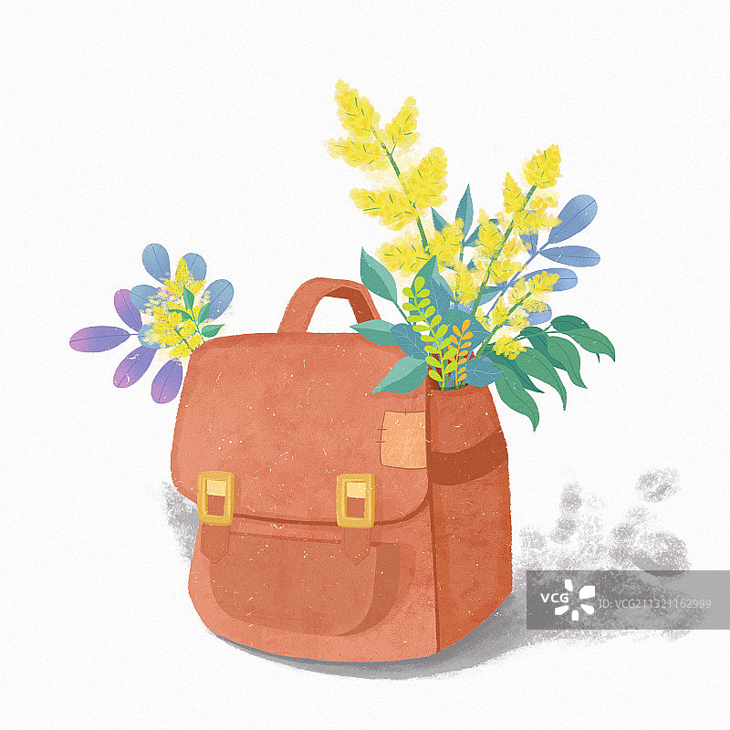 板绘平涂复古旅行背包开花卉花束素材元素插画图片素材