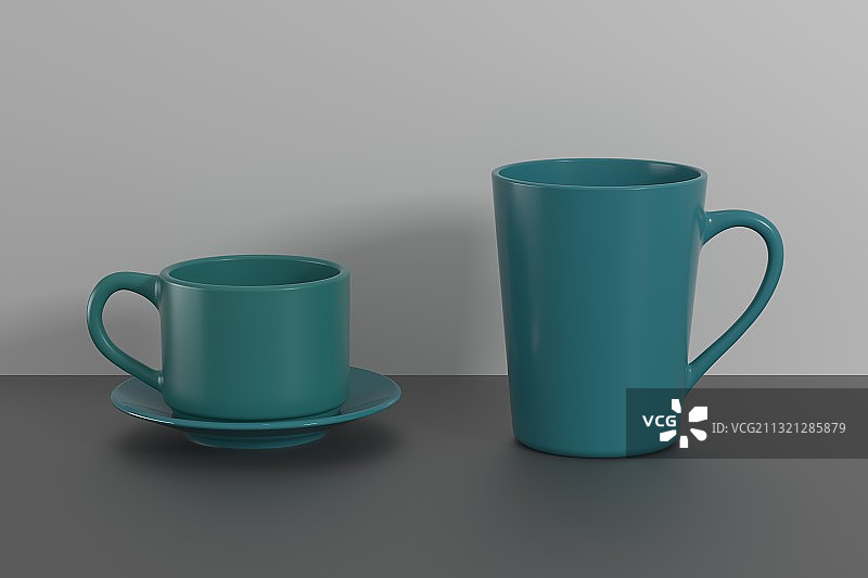 3D渲染的小清新杯子咖啡杯盘子组合图片素材