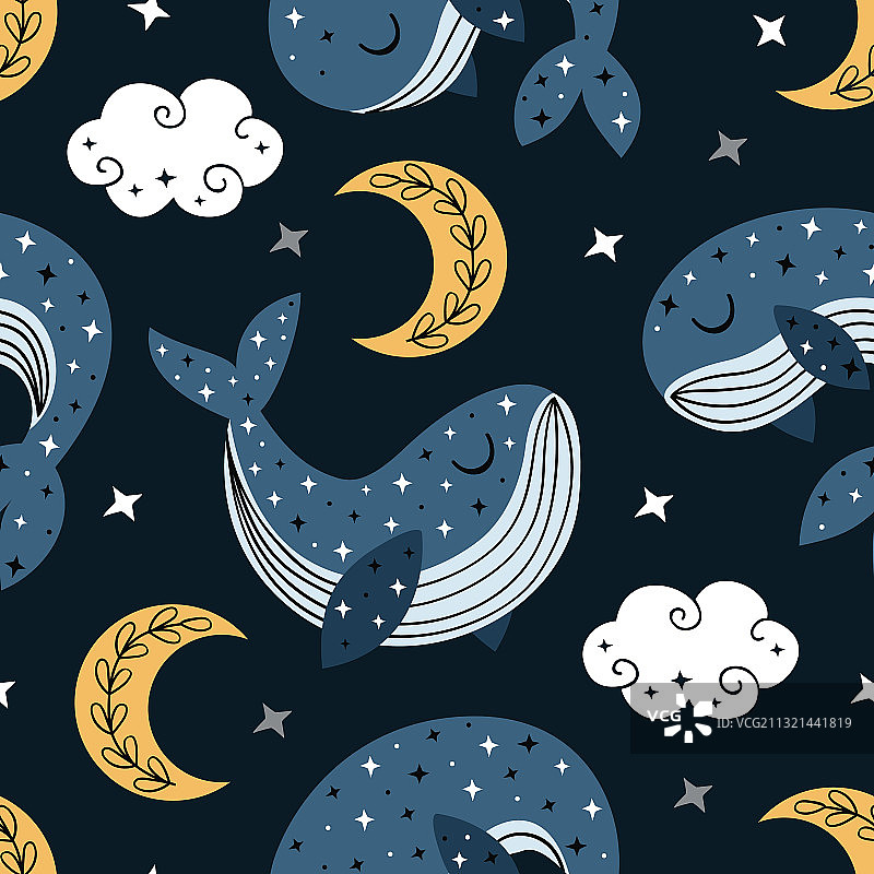 蓝鲸和月亮的无缝图案图片素材