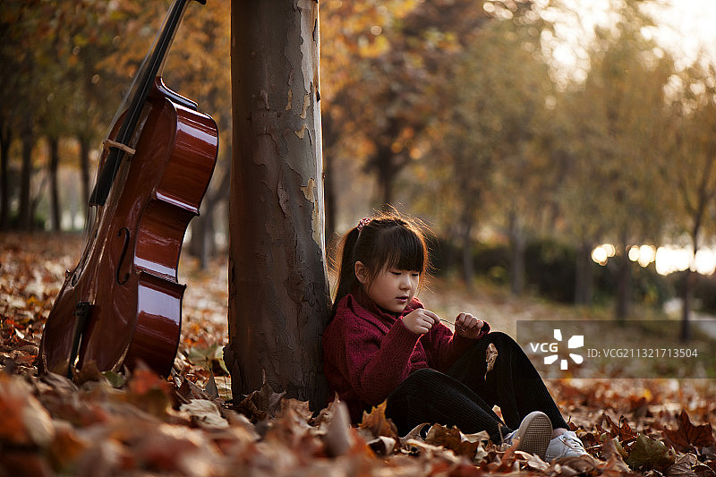 在树林里拉大提琴的小女孩图片素材
