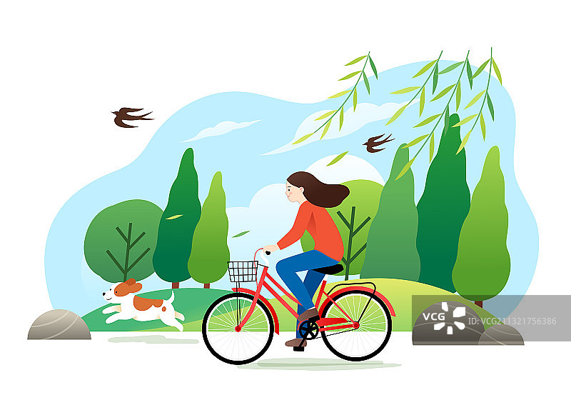 春天一个女生在户外骑自行车插画图片素材