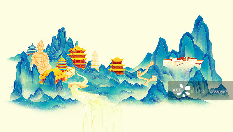 中国古代著名建筑山峰河流国潮插画图片素材