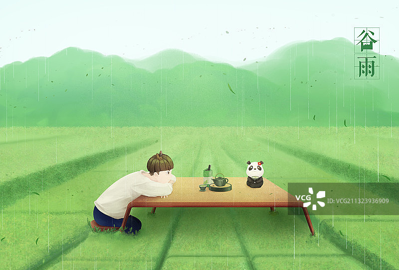 男孩和小熊猫系列[带文字]-谷雨图片素材