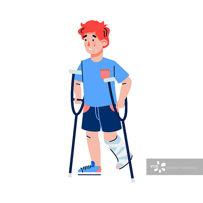 男孩骨折腿上的拐杖平卡通图片素材