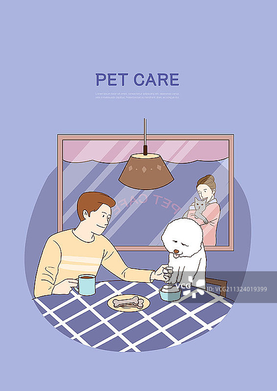 一个男人在给他毛茸茸的小狗喂食café而一个女人透过窗户看着他们图片素材