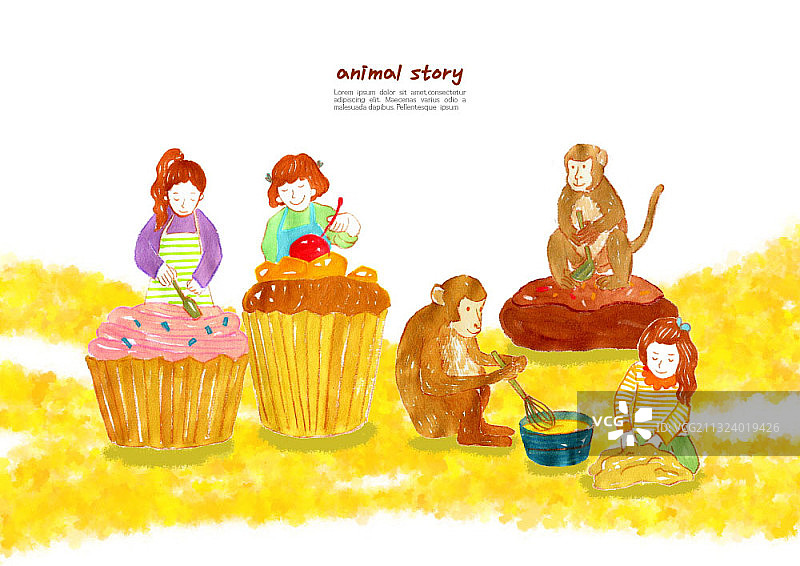 孩子们和猴子一起烤松饼图片素材