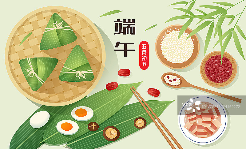 端午节竹叶旁的粽子粽叶和糯米红豆等食材图片素材