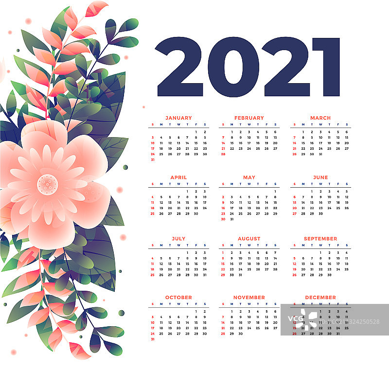 2021年新年日历模板与花图片素材