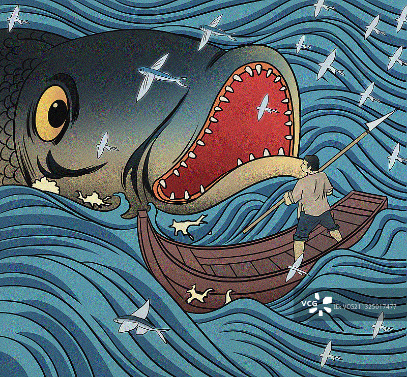 浮世绘风格老人与海捕鱼壮观震撼插画图片素材