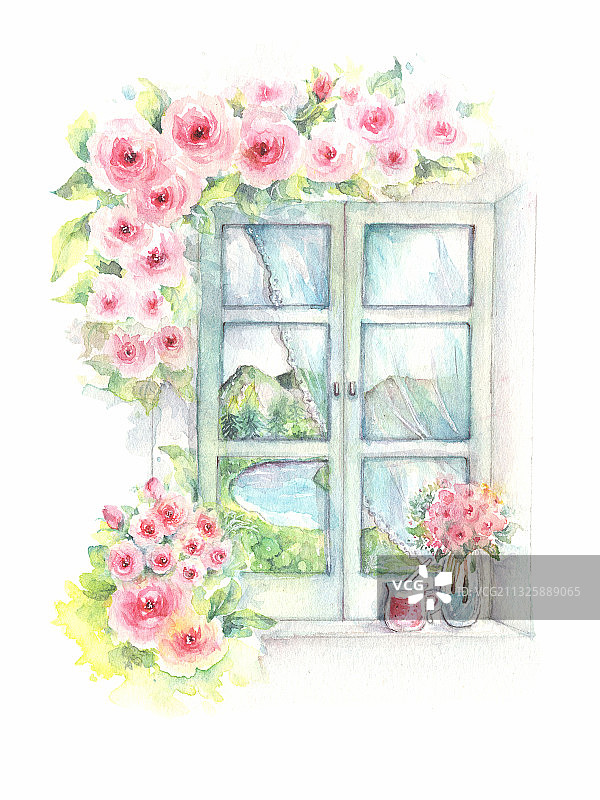 水彩手绘装饰建筑鲜花植被阳台沙发窗户外景图片素材