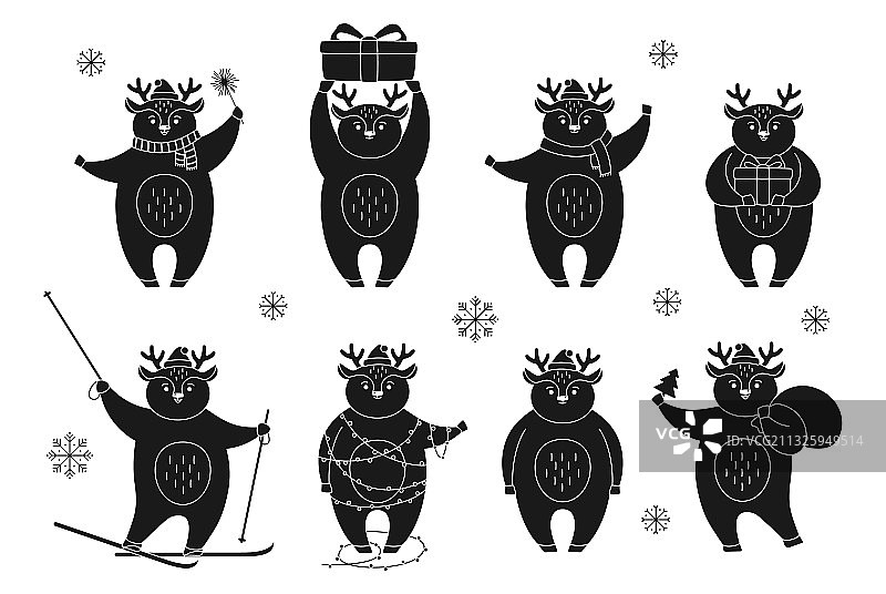 圣诞鹿设驯鹿新年黑字形图片素材