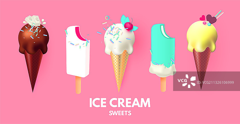 逼真的3d冰淇淋设置水果奶油和图片素材