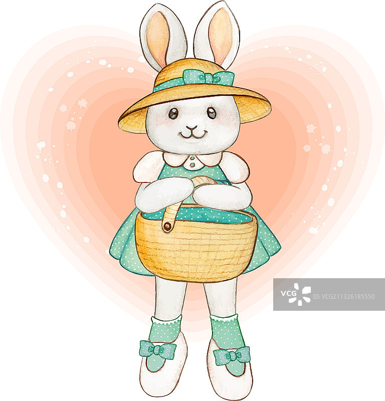 可爱的水彩画春天小兔子与野餐篮子图片素材