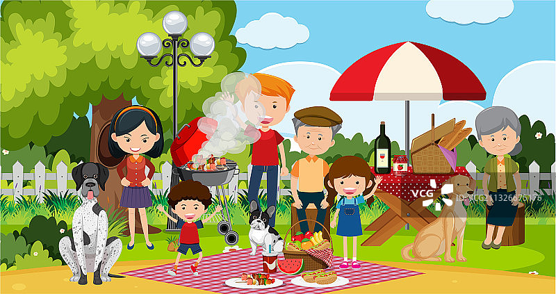 与幸福的家庭在花园野餐的场景图片素材