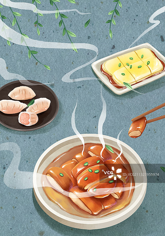 中华美食广东粤菜烧鸭虾饺肠粉中国风插画图片素材