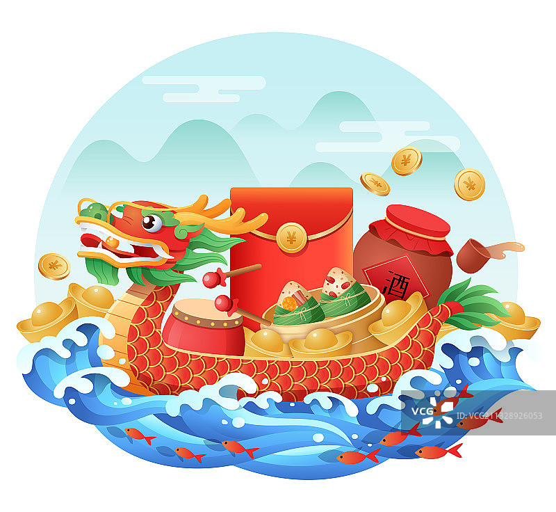 一艘龙舟载着红包金元宝酒坛粽子等图片素材