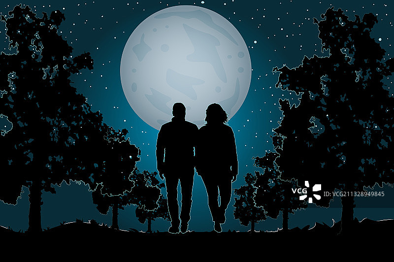 在月光下漫步的情侣图片素材