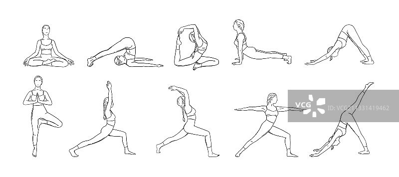 瑜伽体式设置，女性锻炼瑜伽图片素材