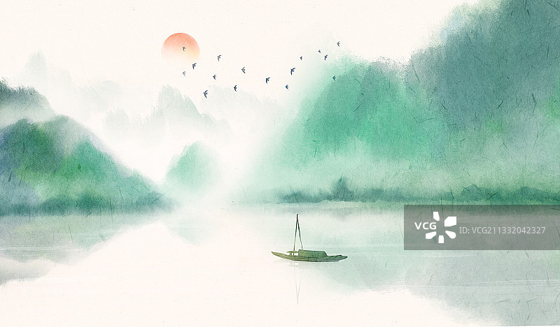 新中式山水插画图片素材