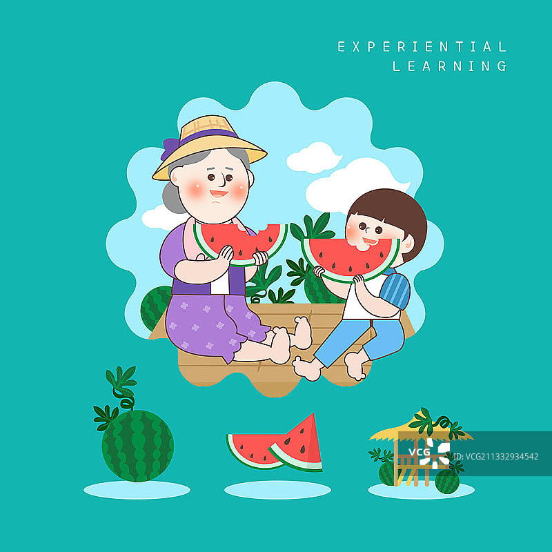 一幅祖母和儿子吃西瓜的插图图片素材