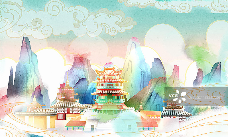 中国风建筑插画背景图片素材