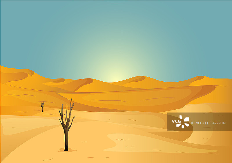 黄色的沙漠景观日出与蓝天图片素材