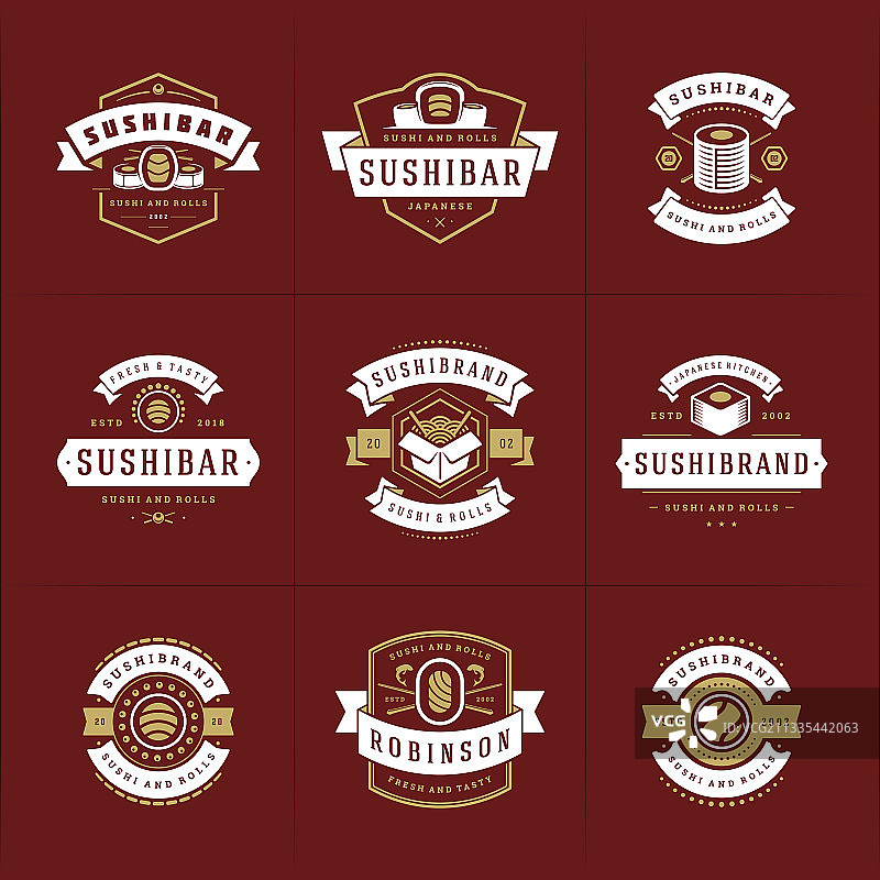 寿司餐厅的标志和徽章设置日本图片素材