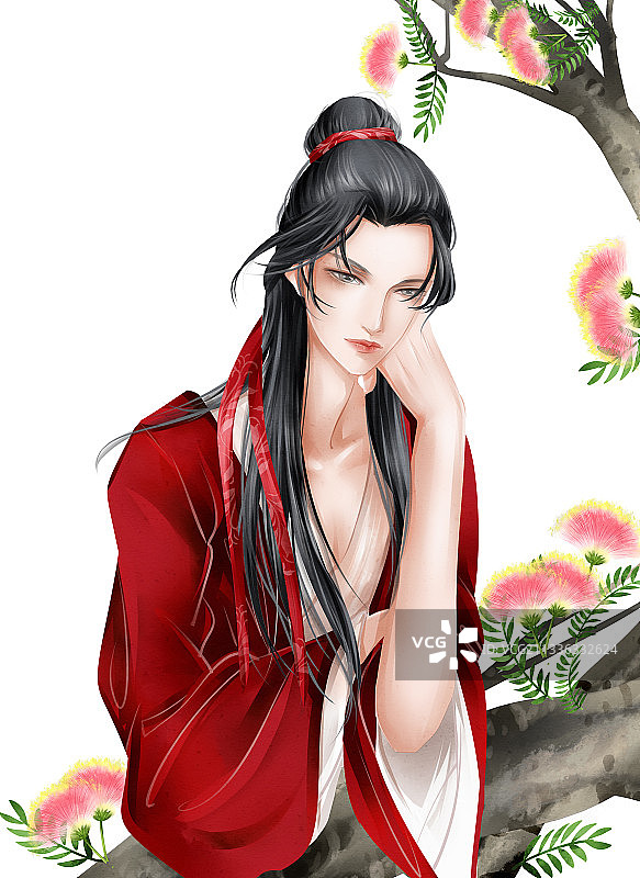 中国风水彩古风红衣男性插画元素图片素材