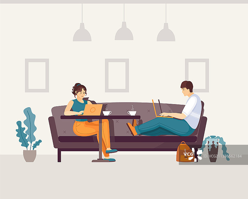 男人和女孩坐在沙发上在咖啡馆喝咖啡图片素材