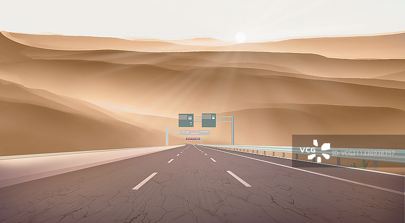 日出时阳光照耀着沙漠里的公路插画背景图片素材