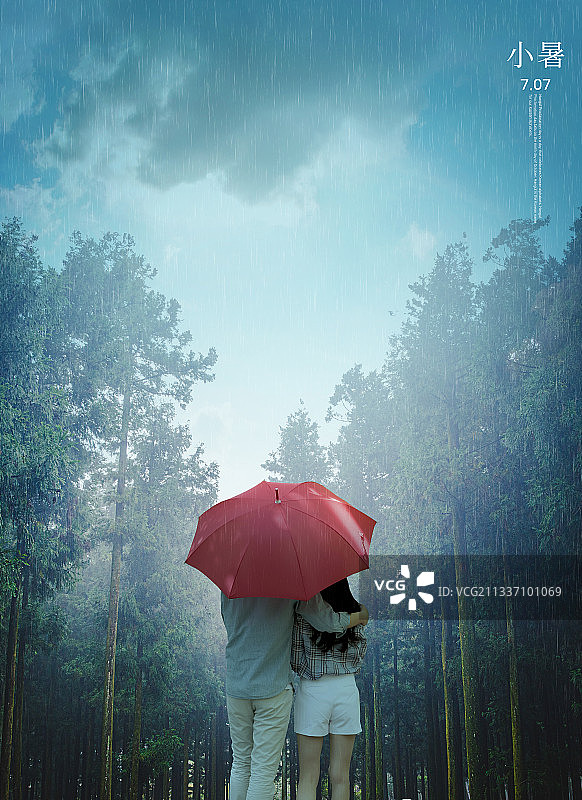 夏雨海报，情侣共撑伞图片素材